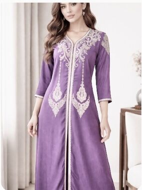MOROCCAN Kaftan Jeweled Embroidered Mauve Pink Midi Dress S